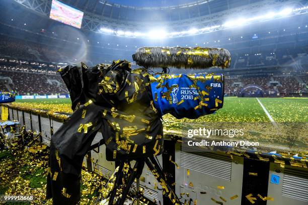 Illustration picture of a tv camera during the World Cup Final match between France and Croatia at Luzhniki Stadium on July 15, 2018 in Moscow,...