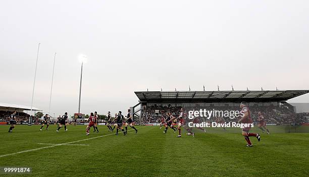 General action during the Championship playoff final match, 1st leg between Exeter Chiefs and Bristol at Sandy Park on May 19, 2010 in Exeter,...