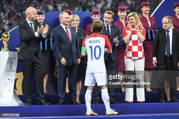 Russian President Vladimir Putin, French President Emmanuel Macron, Croatia's President Kolinda Grabar Kitarovic and Football French Federation...