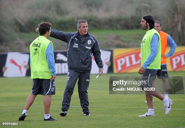 Uruguay's national football team coach, Oscar Washington Tabarez , conducts a training session at the Uruguayan Football Association's sports complex...