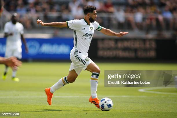 Diego Valeri of the Los Angeles Football Club dribbles down the field at Banc of California Stadium on July 15, 2018 in Los Angeles, California.