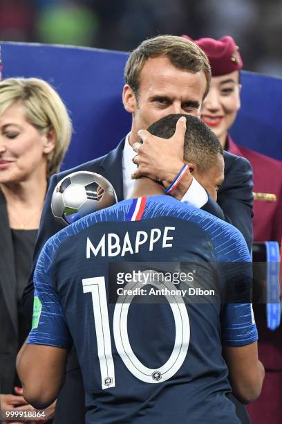 French President Emmanuel Macron and Kylian Mbappe of France during the World Cup Final match between France and Croatia at Luzhniki Stadium on July...