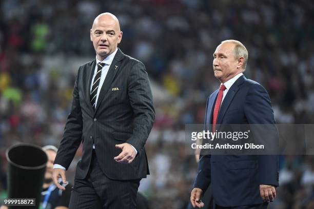 President Gianni Infantino and Russian President Valdimir Putin during the World Cup Final match between France and Croatia at Luzhniki Stadium on...