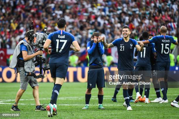 Antoine Griezmann and Lucas Hernandez of France celebrate during the World Cup Final match between France and Croatia at Luzhniki Stadium on July 15,...