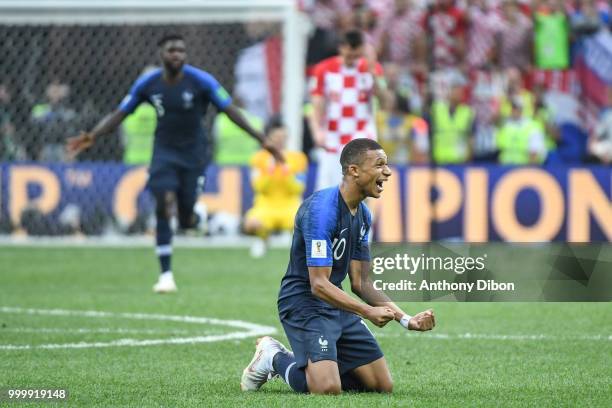 Kylian Mbappe of France celebrates the victory during the World Cup Final match between France and Croatia at Luzhniki Stadium on July 15, 2018 in...