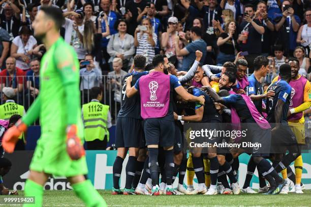 Kylian Mbappe of France celebrates his goal with his team mates during the World Cup Final match between France and Croatia at Luzhniki Stadium on...