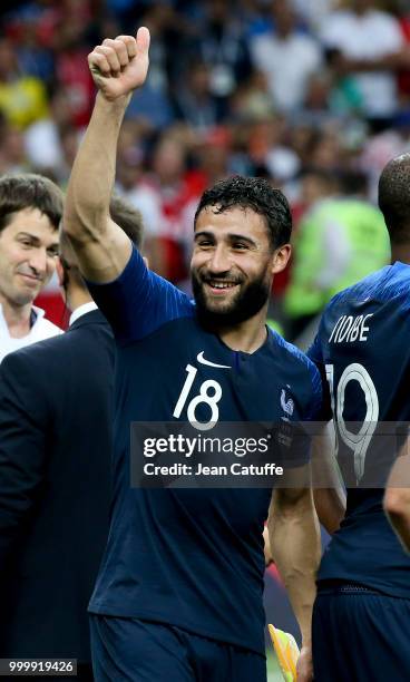 Nabil Fekir of France celebrates the victory following the 2018 FIFA World Cup Russia Final between France and Croatia at Luzhniki Stadium on July...