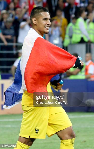 Goalkeeper of France Alphonse Areola celebrates the victory following the 2018 FIFA World Cup Russia Final between France and Croatia at Luzhniki...