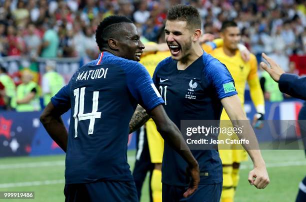 Lucas Hernandez, Blaise Matuidi of France celebrate the victory following the 2018 FIFA World Cup Russia Final between France and Croatia at Luzhniki...