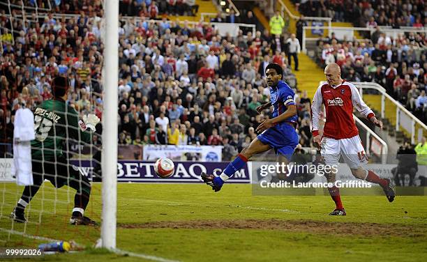 Kevin Ellison of Rotheram scores the second goal past Mikhael Jaimez-Ruiz of Aldershot Town during the Coca-Cola League Two Playoff Semi Final 2nd...