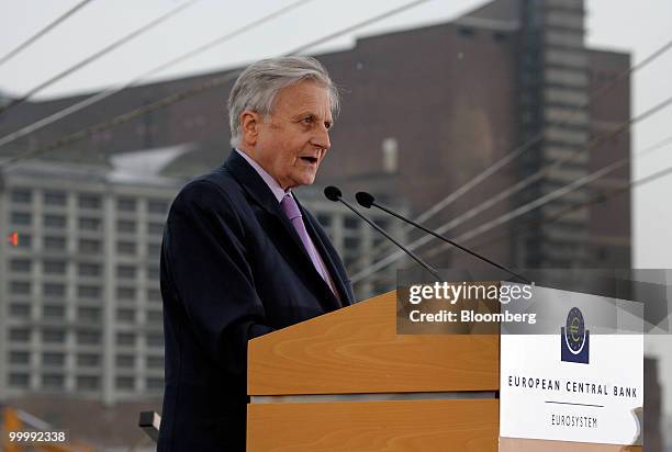 Jean-Claude Trichet, president of the European Central Bank , speaks at a ceremony to lay the cornerstone for the new ECB headquarters in Frankfurt,...