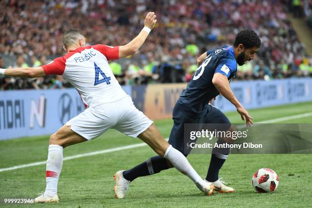 Ivan Perisic of Croatia and Nabil Fekir of France during the World Cup Final match between France and Croatia at Luzhniki Stadium on July 15, 2018 in...