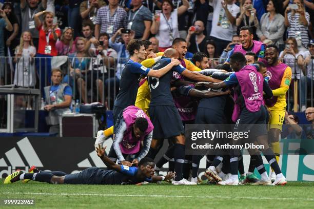 Kylian Mbappe of France celebrates his goal with his team mates during the World Cup Final match between France and Croatia at Luzhniki Stadium on...