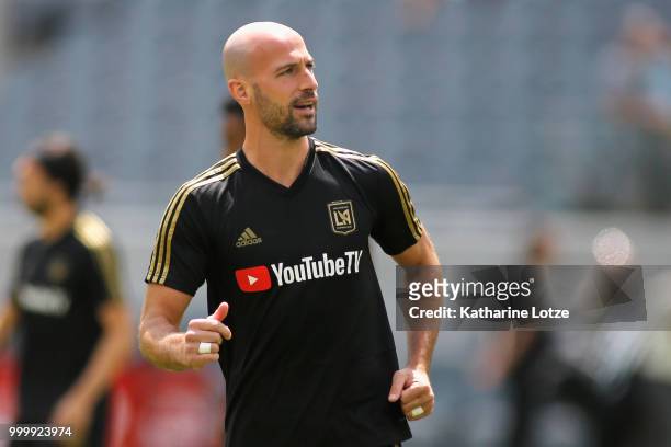 Laurent Ciman of the Los Angeles Football Club looks to the crowd as he takes to the field before action against the Portland Timbers at Banc of...