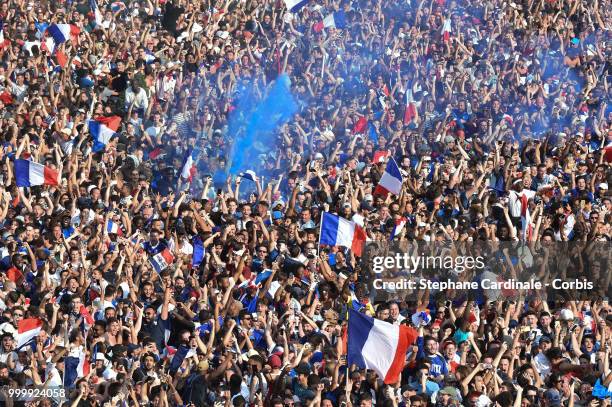 General view of the Fan Zone at the 'Champs de Mars' after the victory of France against Croatia during the World Cup Final, at the Champs de Mars on...