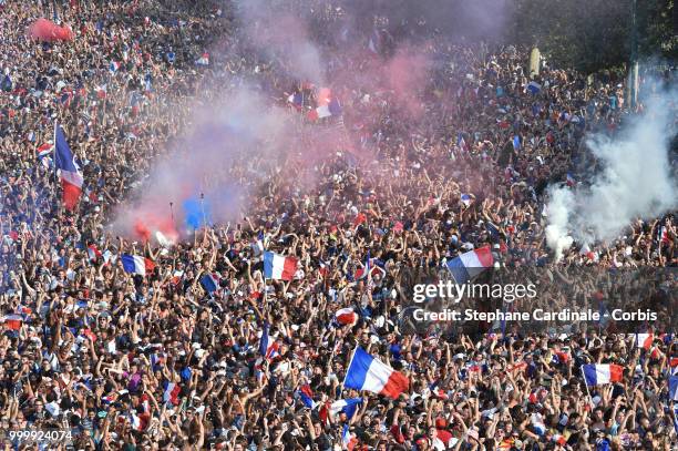 General view of the Fan Zone at the 'Champs de Mars' after the victory of France against Croatia during the World Cup Final, at the Champs de Mars on...