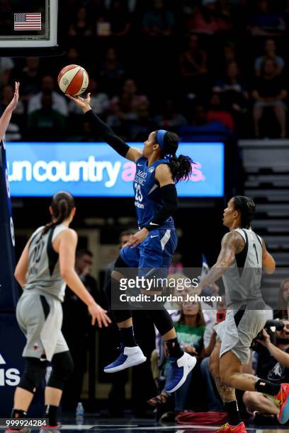 Maya Moore of the Minnesota Lynx shoots the ball during the game against the Las Vegas Aces on July 13, 2018 at Target Center in Minneapolis,...
