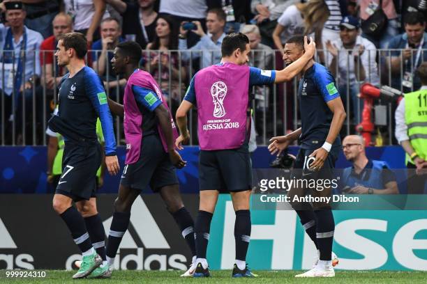 Kylian Mbappe of France celebrates his goal with his team mates during the World Cup Final match between France and Croatia at Luzhniki Stadium on...