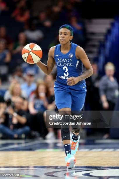 Danielle Robinson of the Minnesota Lynx handles the ball during the game against the Las Vegas Aces on July 13, 2018 at Target Center in Minneapolis,...