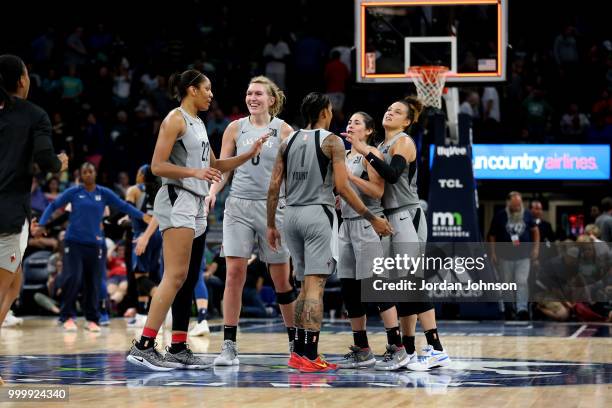 The Las Vegas Aces huddles up during the game against the Las Vegas Aces on July 13, 2018 at Target Center in Minneapolis, Minnesota. NOTE TO USER:...