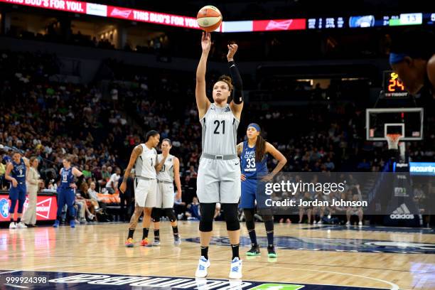 Kayla McBride of the Las Vegas Aces shoots the ball during the game against the Minnesota Lynx on July 13, 2018 at Target Center in Minneapolis,...