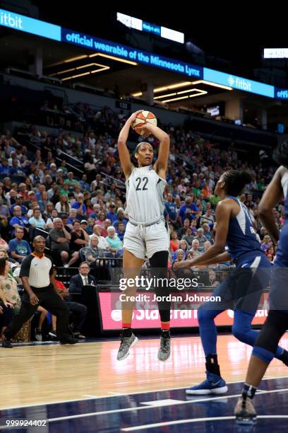 Ja Wilson of the Las Vegas Aces shoots the ball during the game against the Minnesota Lynx on July 13, 2018 at Target Center in Minneapolis,...