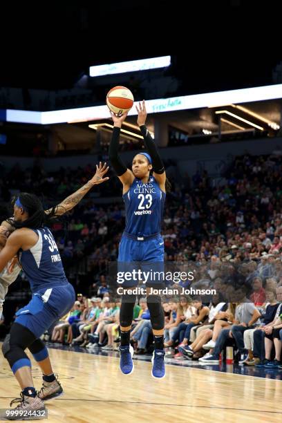 Maya Moore of the Minnesota Lynx shoots the ball during the game against the Las Vegas Aces on July 13, 2018 at Target Center in Minneapolis,...
