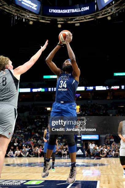 Sylvia Fowles of the Minnesota Lynx shoots the ball during the game against the Las Vegas Aces on July 13, 2018 at Target Center in Minneapolis,...