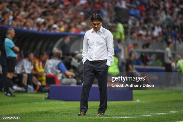 Zlatko Dalic coach of Croatia looks dejected during the World Cup Final match between France and Croatia at Luzhniki Stadium on July 15, 2018 in...