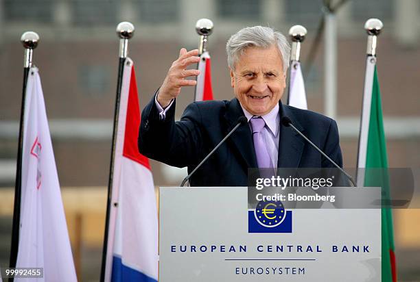 Jean-Claude Trichet, president of the European Central Bank , speaks at a ceremony to lay the cornerstone for the new ECB headquarters in Frankfurt,...