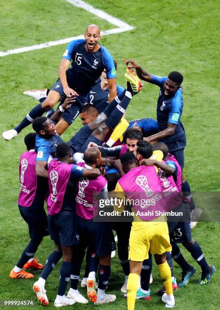 French players celebrate their side's fourth goal by Kylian Mbappe during the 2018 FIFA World Cup Final between France and Croatia at Luzhniki...