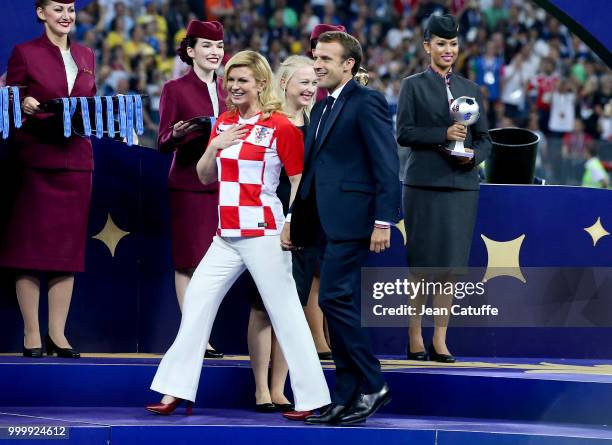 President of France Emmanuel Macron, President of Croatia Kolinda Grabar-Kitarovic during the trophy ceremony following the 2018 FIFA World Cup...