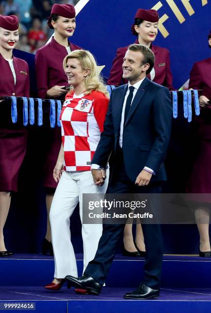 President of France Emmanuel Macron, President of Croatia Kolinda Grabar-Kitarovic during the trophy ceremony following the 2018 FIFA World Cup...