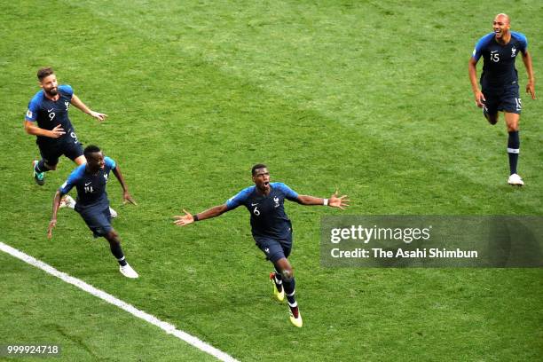 Paul Pogba of France celebrates scoring his side's third goal during the 2018 FIFA World Cup Final between France and Croatia at Luzhniki Stadium on...