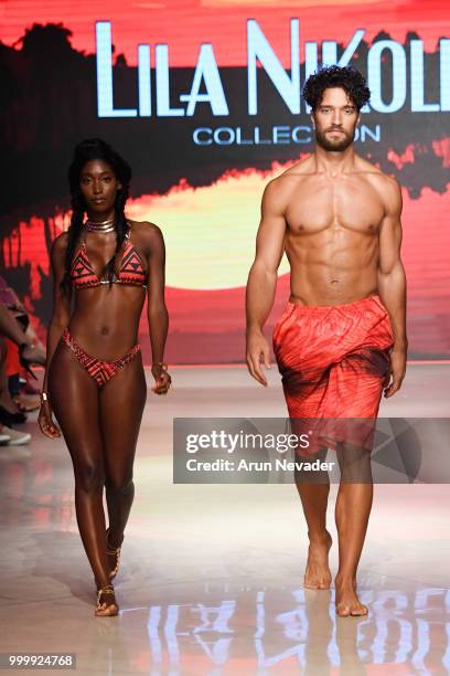 Models walk the runway for Lila Nikole at Miami Swim Week powered by Art Hearts Fashion Swim/Resort 2018/19 at Faena Forum on July 15, 2018 in Miami...