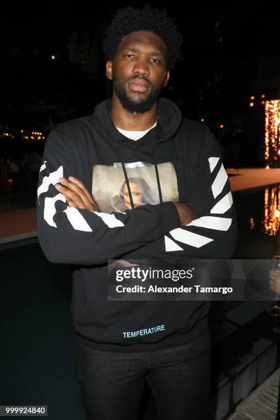 Joel Embiid attends the 2018 Sports Illustrated Swimsuit show at PARAISO during Miami Swim Week at The W Hotel South Beach on July 15, 2018 in Miami,...