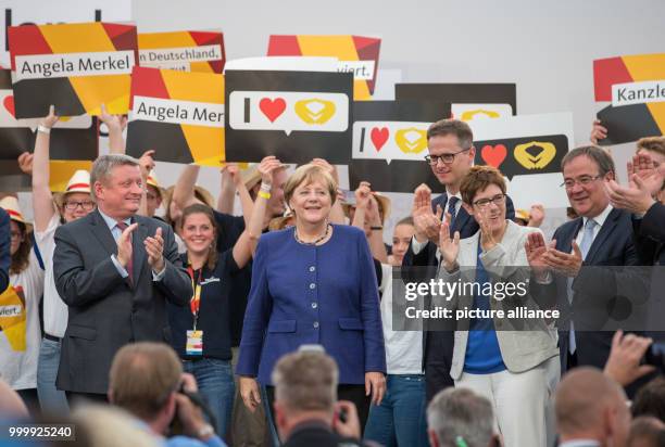 Minister of Health Hermann Groehe , Chancellor Angela Merkel, Saarland's Prime Minister Annegret Kramp-Karrenbauer and North Rhine-Westphalia's Prime...