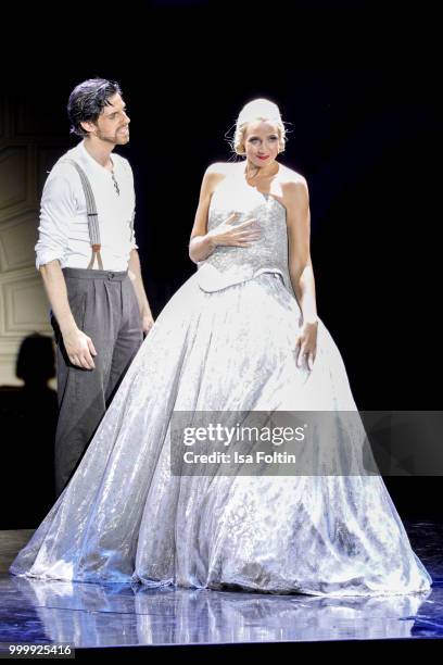 Merlin Fargel as Che and Bettina Moench as Evita during the Thurn & Taxis Castle Festival 2018 - 'Evita' Musical on July 15, 2018 in Regensburg,...