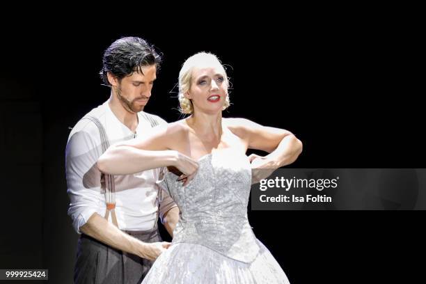 Merlin Fargel as Che and Bettina Moench as Evita during the Thurn & Taxis Castle Festival 2018 - 'Evita' Musical on July 15, 2018 in Regensburg,...