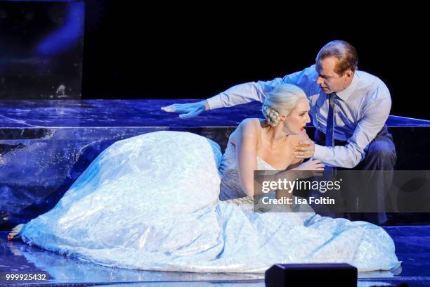 Bettina Moench as Evita and Mark Weigel as Peron during the Thurn & Taxis Castle Festival 2018 - 'Evita' Musical on July 15, 2018 in Regensburg,...