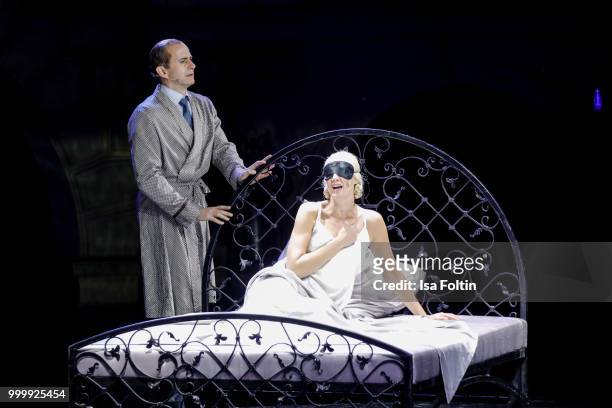 Mark Weigel as Peron and Bettina Moench as Evita during the Thurn & Taxis Castle Festival 2018 - 'Evita' Musical on July 15, 2018 in Regensburg,...
