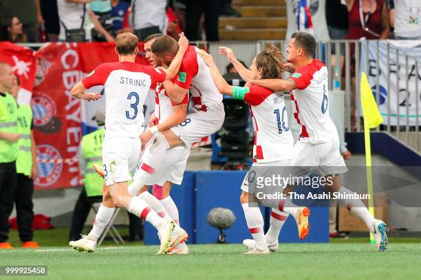Ivan Perisic of Croatia celebrates scoring his side's first goal with his team mates during the 2018 FIFA World Cup Final between France and Croatia...