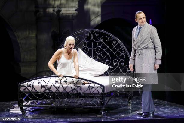 Bettina Moench as Evita and Mark Weigel as Peron during the Thurn & Taxis Castle Festival 2018 - 'Evita' Musical on July 15, 2018 in Regensburg,...
