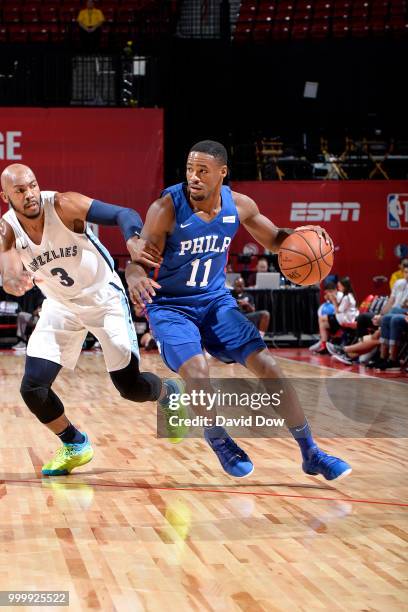 Demetrius Jackson of the Philadelphia 76ers handles the ball against the Memphis Grizzlies during the 2018 Las Vegas Summer League on July 15, 2018...