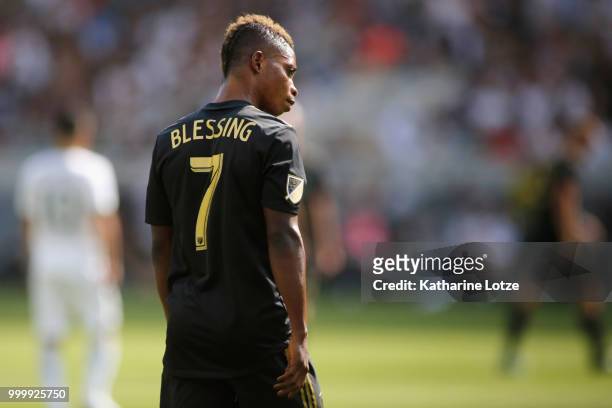 Latif Blessing of the Los Angeles Football Club looks down the field at Banc of California Stadium on July 15, 2018 in Los Angeles, California.