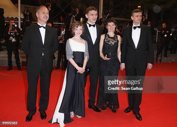 Viktor Nemets, guest, director Sergei Loznitsa, Olga Shuvalova and guest attends the "My Joy" Premiere at the Palais des Festivals during the 63rd...