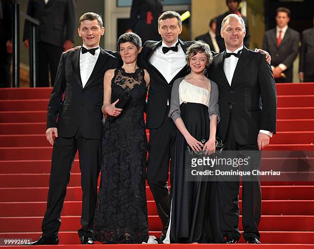 Viktor Nemets, guest, director Sergei Loznitsa, Olga Shuvalova and guest attend the premiere of 'My Joy' held at the Palais des Festivals during the...