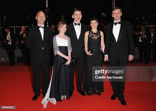 Viktor Nemets, guest, director Sergei Loznitsa, Olga Shuvalova and guest attends the "My Joy" Premiere at the Palais des Festivals during the 63rd...