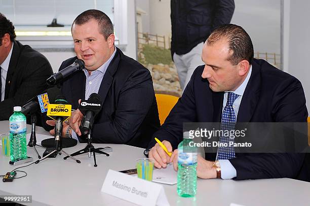 Tommaso Ghirardi president of FC Parma and Massimo Brunetti president of Navigare speak to the media during a press conference to announce the...