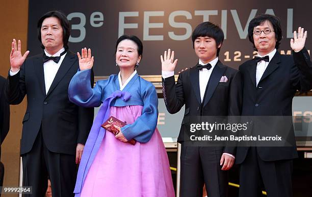 Chang-Dong Lee, Jeong-hee Yoon, David Lee and Jun-dong Lee attend the premiere of 'Poetry' held at the Palais des Festivals during the 63rd Annual...